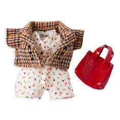 Floral Jumpsuit and Plaid Blazer with Red Purse Set
